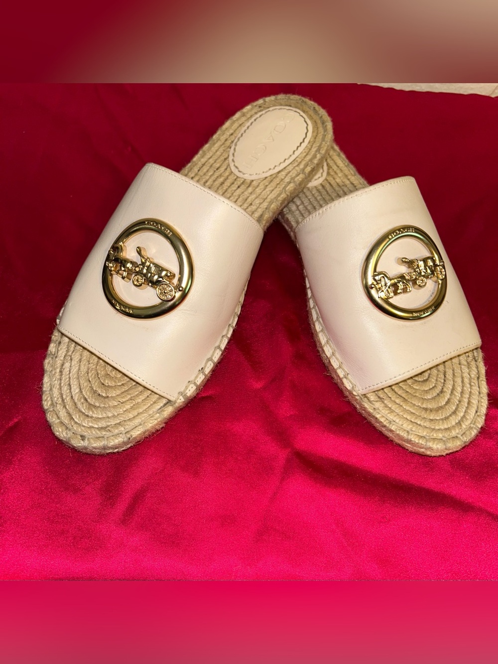 Coach Cream Leather Slide Espadrille with Gold Logo